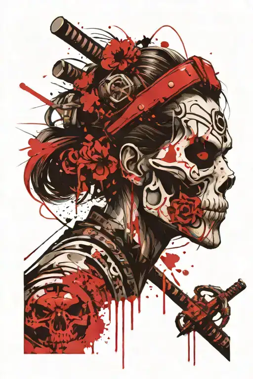 barbells, japan girl, skull, japan mask samurai warrior tattoo design idea