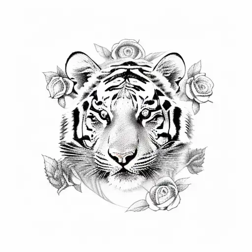 generate a sleeve tattoo featuring a tiger with 3 cubs intertwined with roses and a flatearth theme tattoo design idea