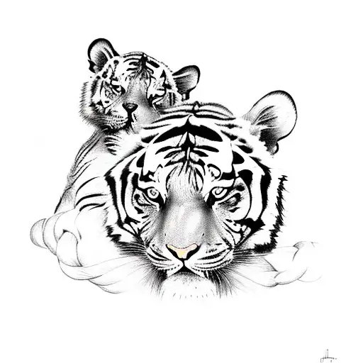 tiger with 3 cubs intertwined with roses and a flatearth theme tattoo design idea