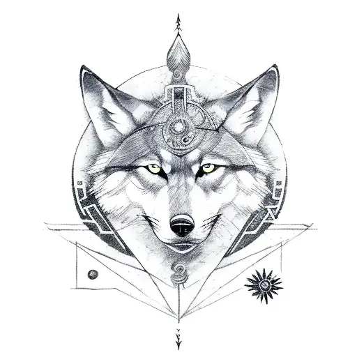 An archer woman with a wolf, sun moon, Jupiter and compass tattoo design idea