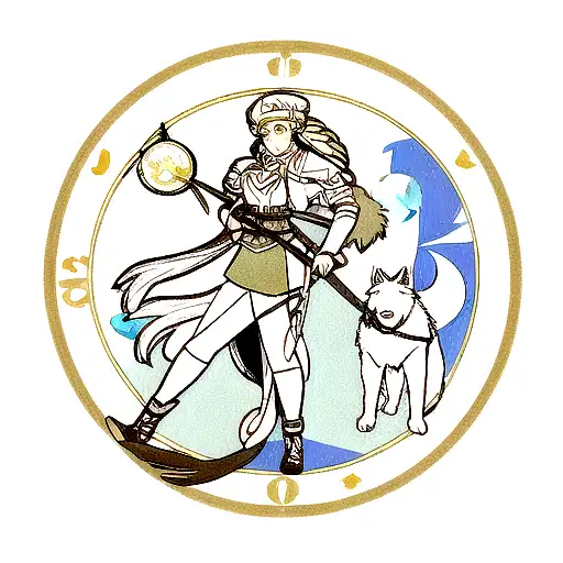 An archer woman with a wolf, sun moon, Jupiter and compass tattoo design idea