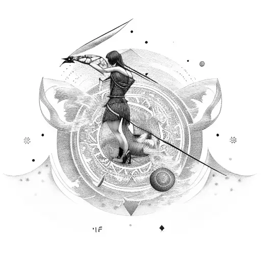 An archer woman with a wolf, sun moon, Jupiter and compass tattoo design idea