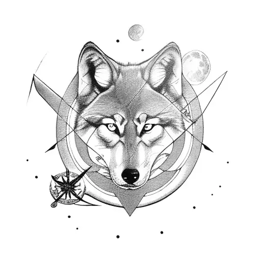 An archer woman with a wolf, sun moon, Jupiter and compass tattoo design idea