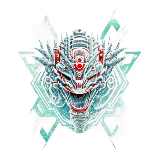 robot dragon with maori background and some repeated patterns from shoulder to mid forearm  tattoo design idea