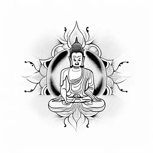 A harmonious design featuring a praying Buddha and the 7 chakras in blackwork style tattoo design idea