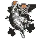 A basketball player in mid-air, going for a slam dunk with a basketball hoop in the background tattoo design idea
