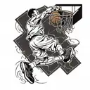 A basketball player in mid-air, going for a slam dunk with a basketball hoop in the background tattoo design idea