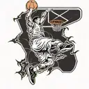A basketball player in mid-air, going for a slam dunk with a basketball hoop in the background tattoo design idea