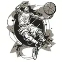 A basketball player in mid-air, going for a slam dunk with a basketball hoop in the background tattoo design idea