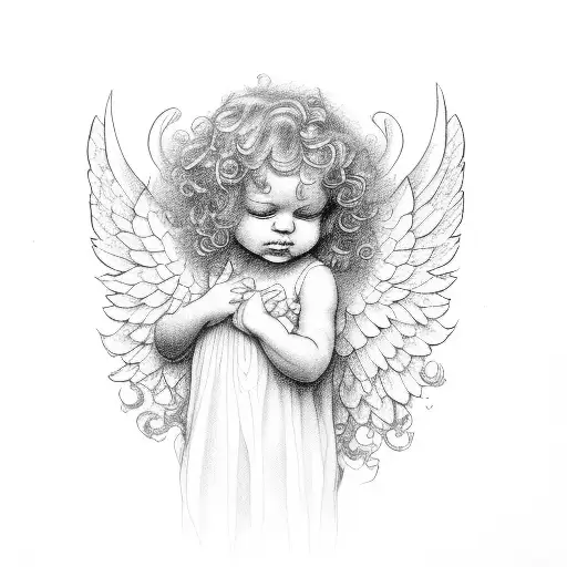 Curly hair, baby angel, crying tattoo design idea