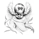 Black baby angel with wings on cloud , crying with heart of thorns around them tattoo design idea