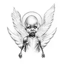 Black baby angel with wings on cloud , crying with heart of thorns around them tattoo design idea