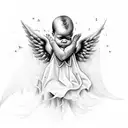 Black baby angel with wings on cloud , crying with heart of thorns around them tattoo design idea