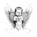 Black baby angel with wings on cloud , crying with heart of thorns around them tattoo design idea