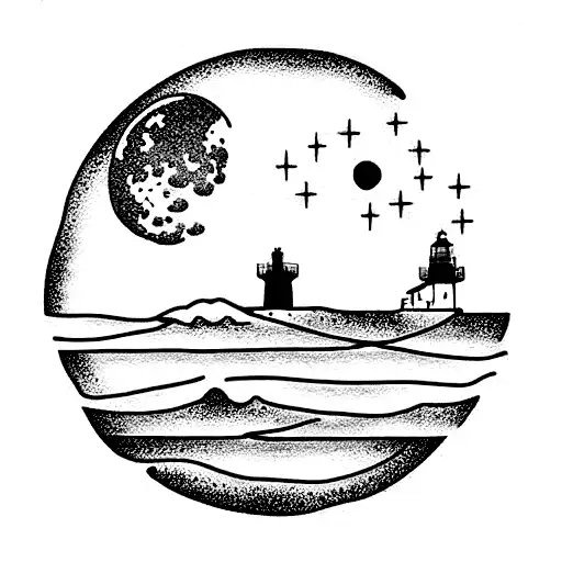 moon turtle lighthouse tattoo design idea