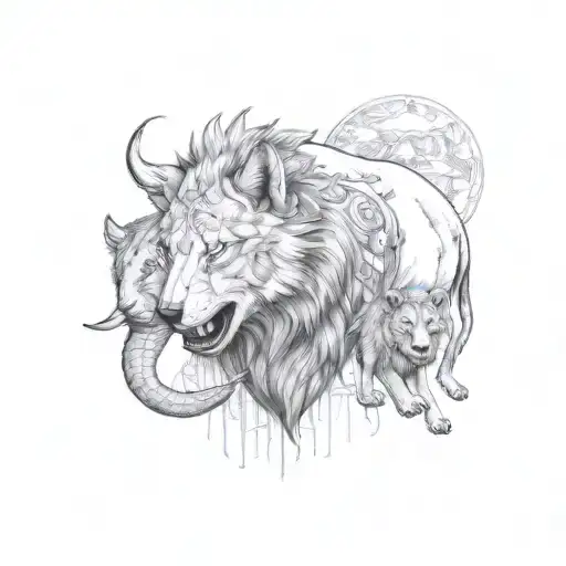 wolf with elephant and lion tattoo design idea