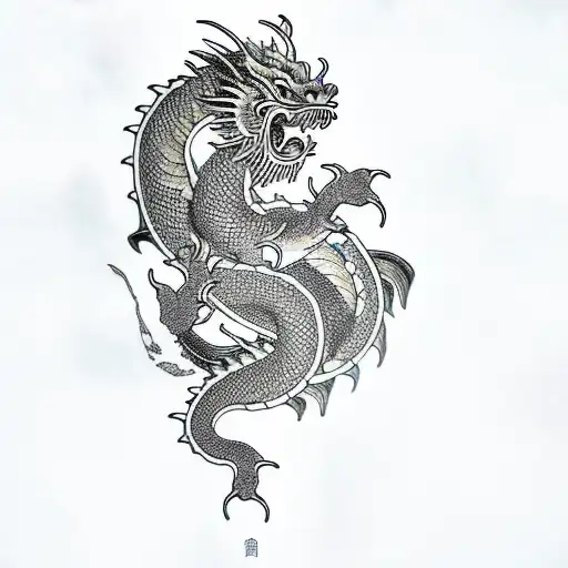 Japanese style dragon in water with koi, and lotus with a cherry blossom tree in the background rising sun tiny alien  tattoo design idea