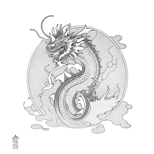 Japanese style dragon in water with koi, and lotus with a cherry blossom tree in the background rising sun tiny alien  tattoo design idea