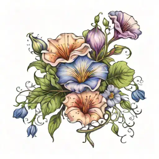 spine tattoo of morning glory, primrose, and poppy flowers tattoo design idea