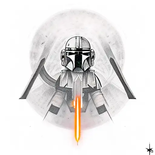 A mandalorian fighting with a dark saber. X-wing spaceships fly behind him. Stars surround the mandalorian. tattoo design idea