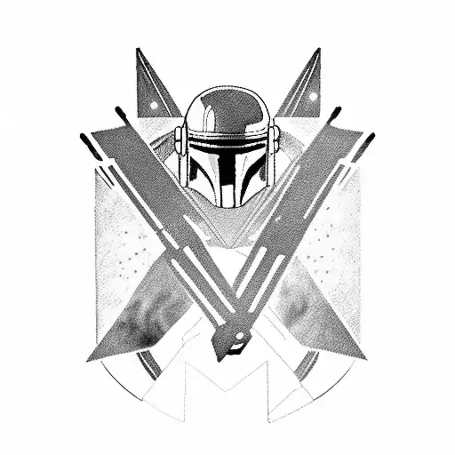 A mandalorian fighting with a dark saber. X-wing spaceships fly behind him. Stars surround the mandalorian. tattoo design idea
