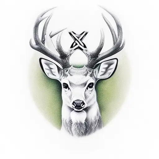 ((Fallow Deer)) head and antlers with ((Celtic cross)) between antlersrealistic, high definition, 8, masterpiece,  tattoo design idea