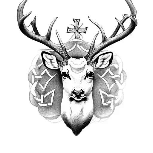 ((Fallow Deer)) head and antlers with Celtic cross between antlers, fallow, realistic, high definition, 8, masterpiece,  tattoo design idea