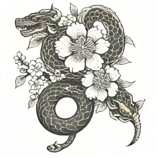 blackout arm sakura flower and snake tattoo design idea