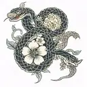 blackout arm sakura flower and snake tattoo design idea