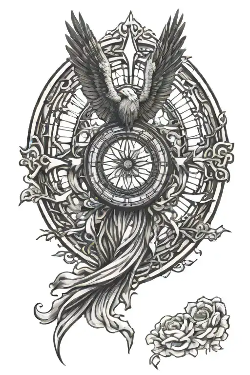 arm with the Archangel St Michael at the top of the shoulder the stained glass rose window of a church tattoo design idea