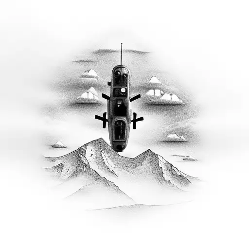 A detailed black and grey tattoo of a mountain landscape with a rescue helicopter flying above tattoo design idea
