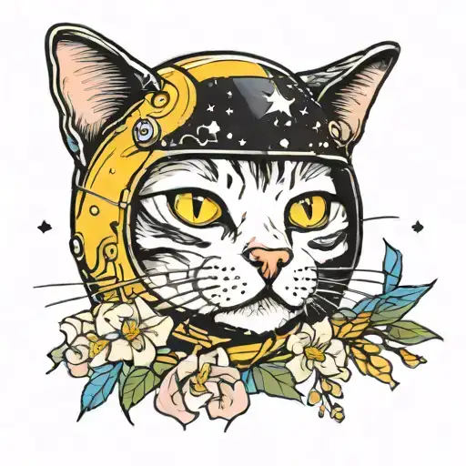 cat, race car helmet, sakura flowers, van gogh starry night  tattoo design idea