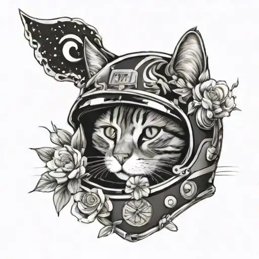 cat, race car helmet, sakura flowers, van gogh starry night  tattoo design idea