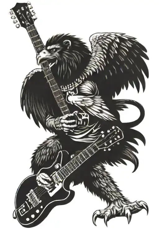 A guard lion playing a guitar with an eagle perched on its shoulder, incorporating a knife and heart symbol tattoo design idea
