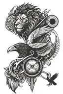 A lion and eagle facing each other, intertwined with musical notes and kitchen utensils tattoo design idea