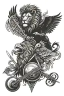A lion and eagle facing each other, intertwined with musical notes and kitchen utensils tattoo design idea