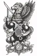A lion and eagle combining into a music note while holding a knife, symbolizing a love for music and cooking tattoo design idea