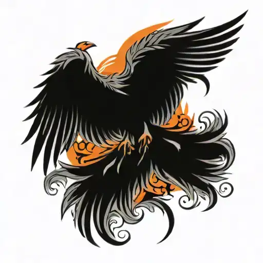 Phoenix wings spread bright sunrise and flames left arm tattoo design idea