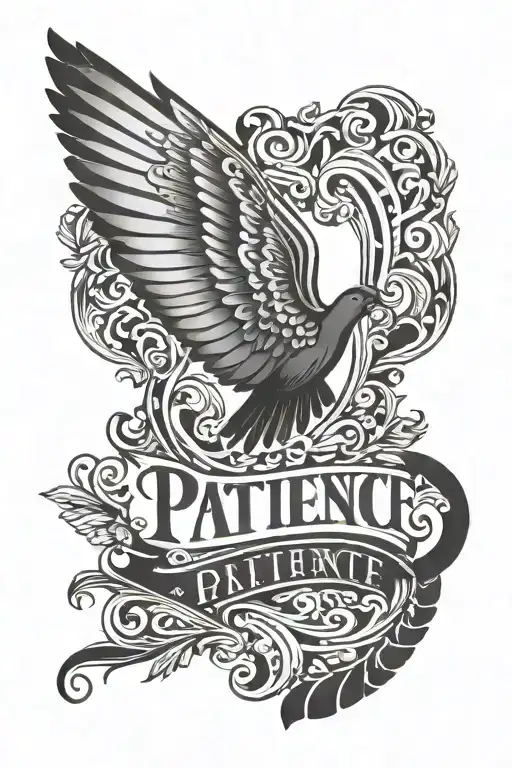 Bird wing with greek pattern near wrist with word patience tattoo design idea