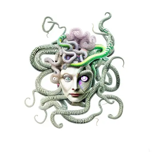 Medusa with snakes and half petrified face tattoo design idea