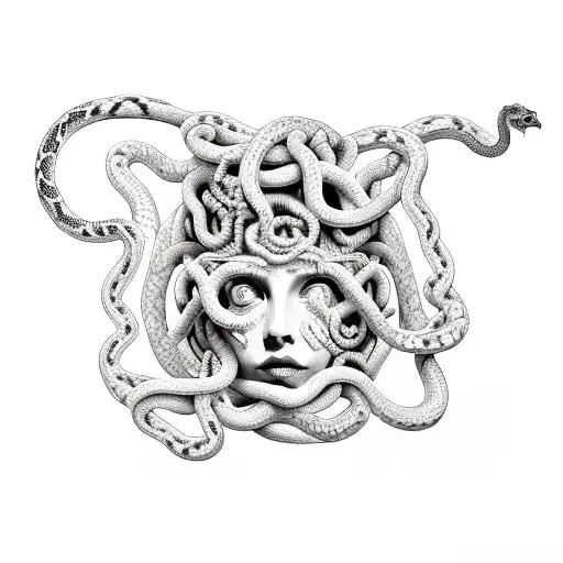 Medusa with snakes and half petrified face tattoo design idea