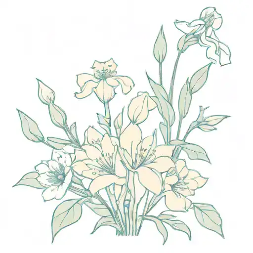 outline of bouquet of flowers, carnation, snowdrop, rose, honeysuckle, larkspur, waterlily, gladiolus, poppy, blank back tattoo design idea