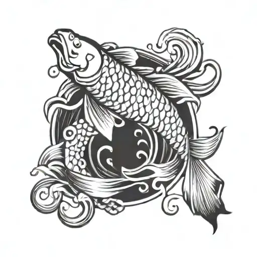 Japanese koi fish swimming in a traditional Japanese wave pattern tattoo design idea