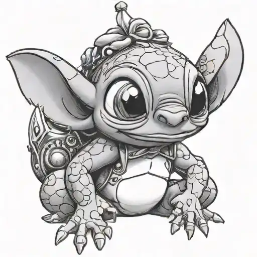 stitch licking his nose with a frog on head holding his hands under his armpits tattoo design idea