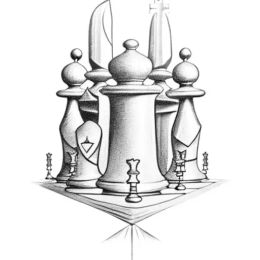 Three chess pieces, a queen, a king and a pawn with a crown on top. Draw as a tattoo  tattoo design idea