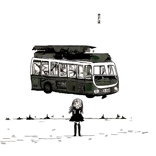 A gothic girl on the top of a destroyed bus with another girl on the ground tattoo design idea