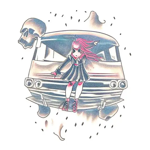 A gothic girl on the top of a destroyed bus with another girl on the ground tattoo design idea
