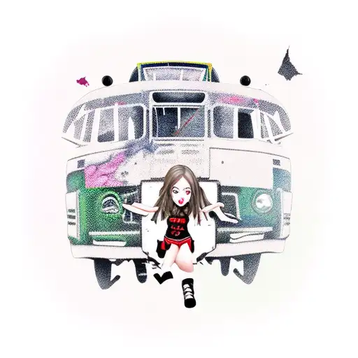 A gothic girl on the top of a destroyed bus with another girl on the ground tattoo design idea