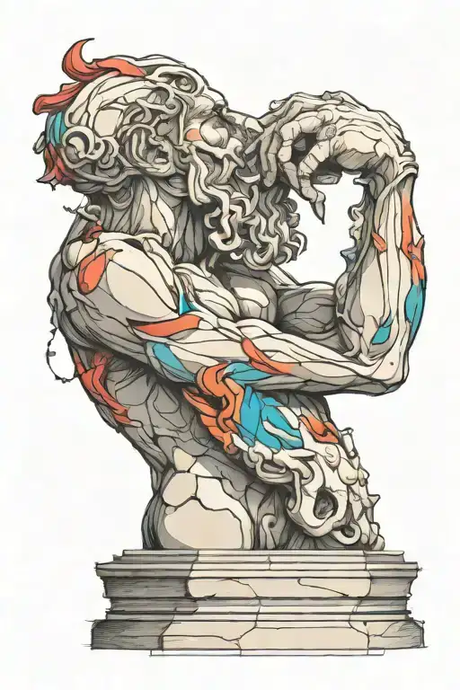 the thinker statue with colours coming from the head tattoo design idea