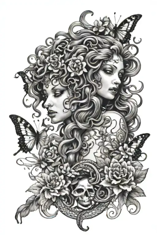 medusa with shaded in snakes, flowers and butterflies, highly detailed and girly, slightly gothic tattoo design idea